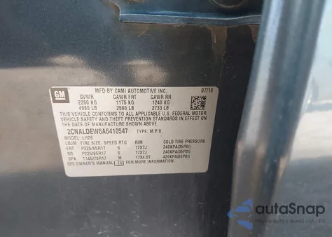 2010 Chevrolet Equinox Lt из США, поврежденный, VIN 2CNALDEW6A6410547